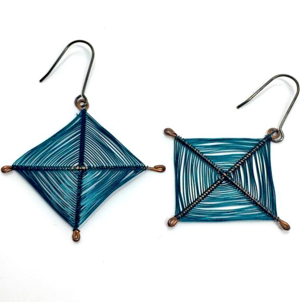 Handmade Teal Metallic Wire Wrapped Mandala Square Earrings